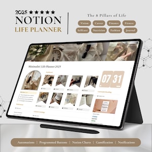 May include: A screenshot of a Notion page titled "Minimalist Life Planner 2025" with a dashboard view. The page is divided into sections for "Notifications", "Current Learning", "Dashboard", and "Currently Reading". The dashboard section features a grid of 12 small images, each representing a different area of life, such as "Vision", "Career", "Finance", "Fitness", "Selfcare", "Nutrition", "Fashion", and "Journal". The "Currently Reading" section displays a book cover with the title "Atomic Habits". The date "07 31" is displayed in the top right corner of the screen.