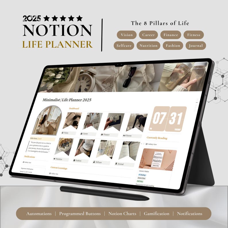 May include: A screenshot of a Notion page titled "Minimalist Life Planner 2025" with a dashboard view. The page is divided into sections for "Notifications", "Current Learning", "Dashboard", and "Currently Reading". The dashboard section features a grid of 12 small images, each representing a different area of life, such as "Vision", "Career", "Finance", "Fitness", "Selfcare", "Nutrition", "Fashion", and "Journal". The "Currently Reading" section displays a book cover with the title "Atomic Habits". The date "07 31" is displayed in the top right corner of the screen.