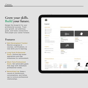 May include: A screenshot of a tablet displaying a career management app. The app features a dashboard with sections for quick actions, notifications, navigation, professional dashboard, skill development dashboard, and networking log. The app includes features for tracking skill development, setting long-term and short-term professional goals, and maintaining a networking log.