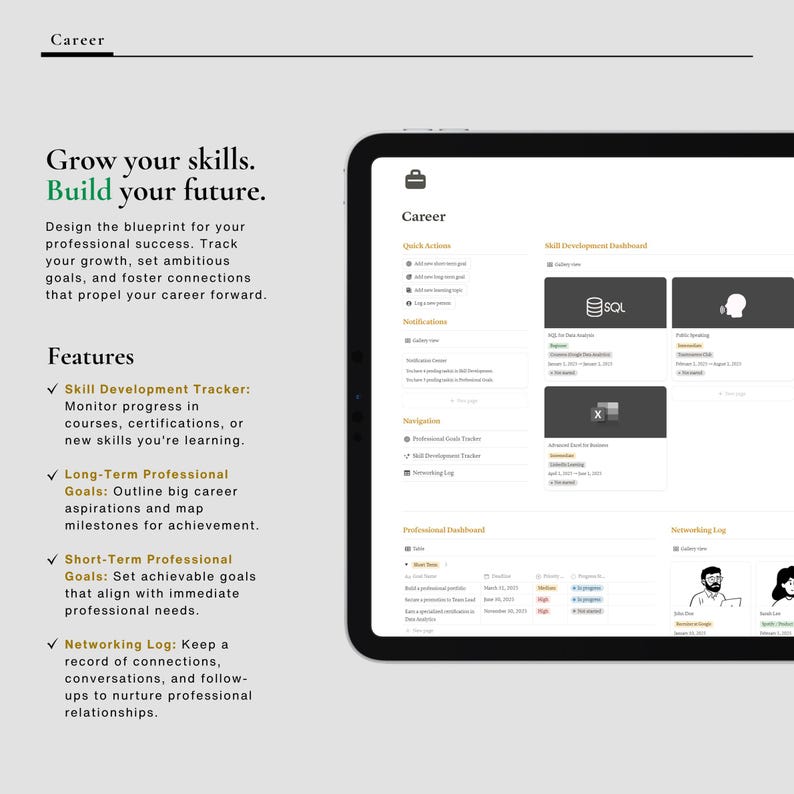 May include: A screenshot of a tablet displaying a career management app. The app features a dashboard with sections for quick actions, notifications, navigation, professional dashboard, skill development dashboard, and networking log. The app includes features for tracking skill development, setting long-term and short-term professional goals, and maintaining a networking log.