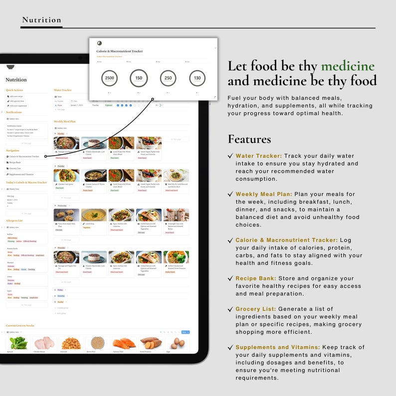 May include: A screenshot of a website with the text "Let food be thy medicine and medicine be thy food." The website features a nutrition tracker with sections for water intake, weekly meal plans, calorie and macronutrient tracking, recipe bank, grocery list, and supplements and vitamins.