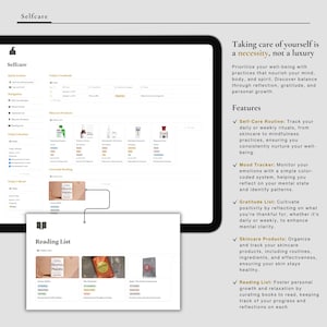 May include: A screenshot of a website with the word "Selfcare" at the top. The website features a list of self-care practices, including skincare, mood tracking, gratitude, and reading. The website also includes a reading list with book covers for "Atomic Habits", "The Alchemist", and "Quiet: The Power of Introverts in a World That Can't Stop Talking".