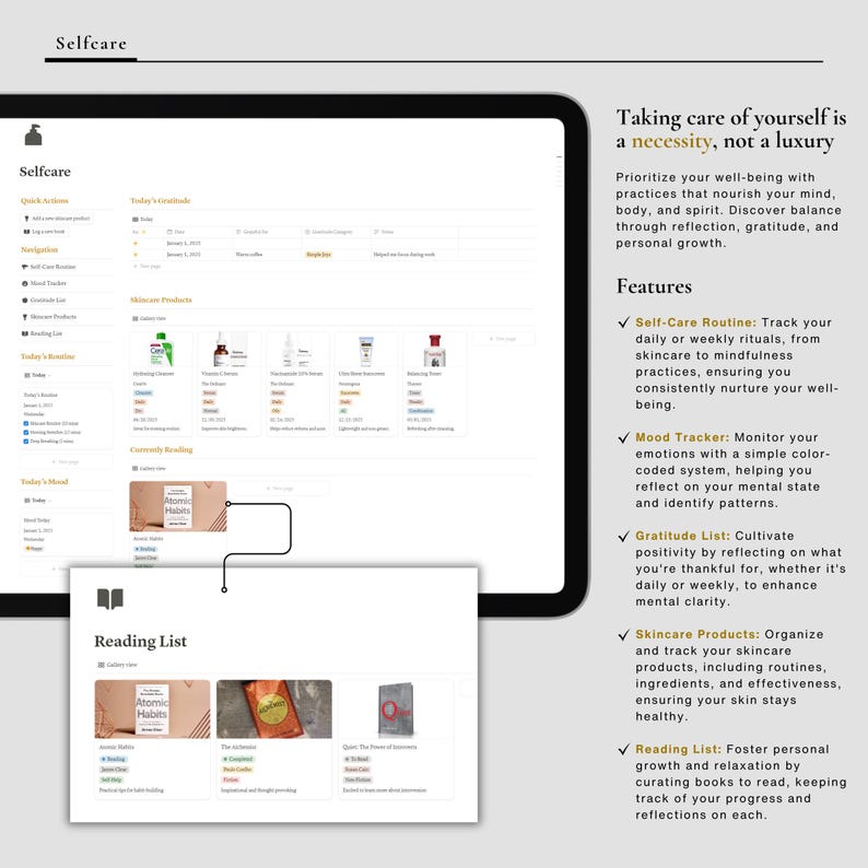 May include: A screenshot of a website with the word "Selfcare" at the top. The website features a list of self-care practices, including skincare, mood tracking, gratitude, and reading. The website also includes a reading list with book covers for "Atomic Habits", "The Alchemist", and "Quiet: The Power of Introverts in a World That Can't Stop Talking".
