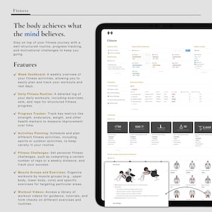May include: A screenshot of a fitness app interface with the text "The body achieves what the mind believes." and a list of features including a weekly dashboard, daily fitness routine, progress tracker, activities planning, fitness challenges, muscle groups and exercises, and workout videos.