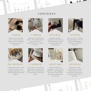 May include: A colorful graphic with the word "CONTENTS" in a gold font. The graphic is divided into ten sections, each with a different image and a title. The titles are: Vision, Career, Finance, Fitness, Nutrition, Fashion, Selfcare, Journal, Finance, and Fitness.
