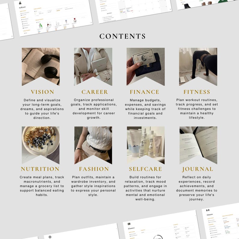 May include: A colorful graphic with the word "CONTENTS" in a gold font. The graphic is divided into ten sections, each with a different image and a title. The titles are: Vision, Career, Finance, Fitness, Nutrition, Fashion, Selfcare, Journal, Finance, and Fitness.