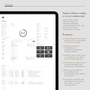May include: A screenshot of a computer screen showing a financial management app. The app has a dark gray background with white text and icons. The app features a dashboard with a balance of $1.6K, a list of expenses, and a list of categories. The app also has a list of features, including daily expenses, expense categories, wishlist, subscriptions, bank accounts, and insurance.