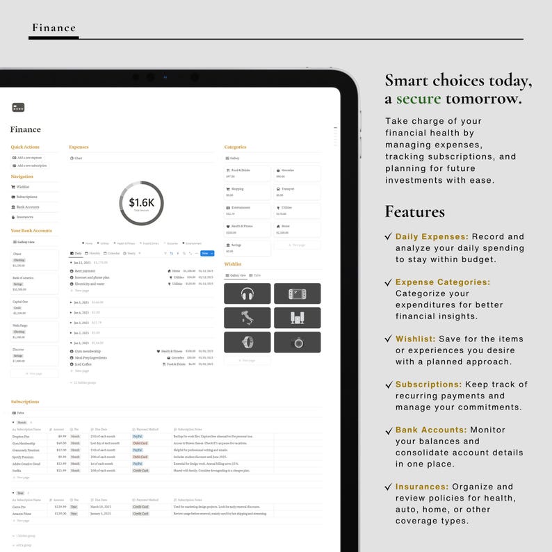 May include: A screenshot of a computer screen showing a financial management app. The app has a dark gray background with white text and icons. The app features a dashboard with a balance of $1.6K, a list of expenses, and a list of categories. The app also has a list of features, including daily expenses, expense categories, wishlist, subscriptions, bank accounts, and insurance.