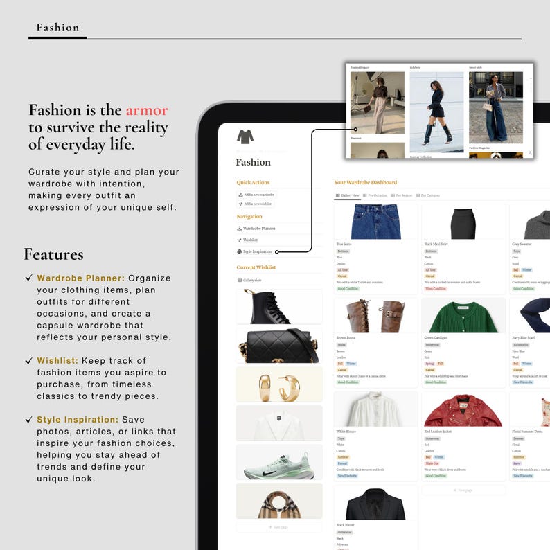 May include: A screenshot of a computer screen showing a fashion app with the text "Fashion is the armor to survive the reality of everyday life." The app features a wardrobe planner, wishlist, and style inspiration sections. The app also includes a dashboard with images of clothing items.