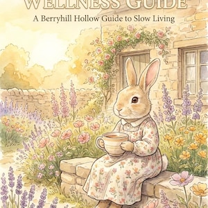 Pode incluir: Ilustração em aquarela de um coelho com um vestido floral, segurando uma xícara de chá, de "Elspeth's Little Wellness Guide". A imagem apresenta um jardim com flores, um muro de pedra e o texto "A Berryhill Hollow Guide to Slow Living."