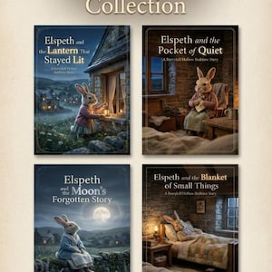 May include: A collection of four illustrated bedtime stories titled "Elspeth and the Lantern That Stayed Lit", "Elspeth and the Pocket of Quiet", "Elspeth and the Moon's Forgotten Story", and "Elspeth and the Blanket of Small Things". The stories feature a rabbit character.