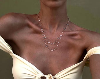 Dew drop choker necklace | invisible floating thread, ethereal minimalist bridal handmade jewelry gift