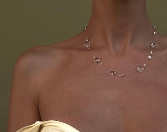 Dew Drop Necklace Invisible Thread Handmade UV Resin Minimalist Bridal Jewelry