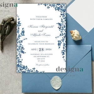 Blue & White Delicate Wedding Invitation, Premium Wedding Invite, Digital Invitation, Floral Wedding Invite