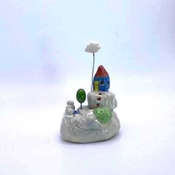 Tiny Ceramic House - Little Clay House - 'Blue House on a Rock'
