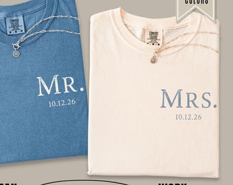 Comfort Colors Mr & Mrs Shirt, Custom Husband Wife Wedding Date Tee, Matching Honeymoon Couple Gift, Bride Groom Anniversary, Just Married
