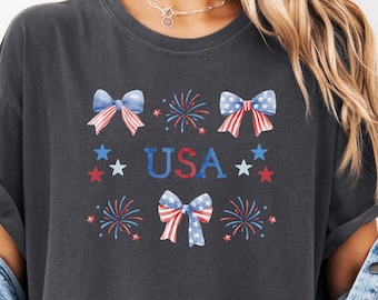 USA Bow Shirt Comfort Colors®, Coquette America Bow Shirt for July 4th, Independence Day Shirt, USA Shirts, Patriotic Bow Shirts,4th of July