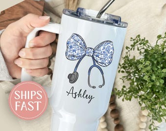 Personalized Nurse 40oz Tumbler with handle, Custom Nurse Gift, Nurse Appreciation Cup, Medical School Graduation Gift, Nursing Student Gift