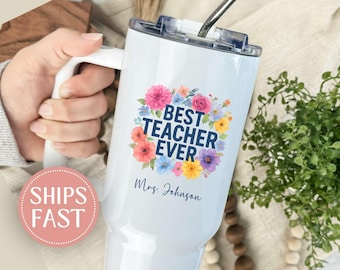 Personalized Teacher 40oz Tumbler, Custom Teacher Name Cup with Handle, Teacher Appreciation Gift, Back to School Mug, Thank You Teacher