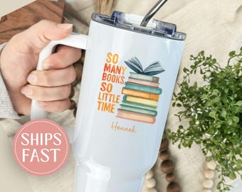 Personalized Book Lover 40oz Tumbler with handle, Custom Bookish Mug, Book Lover Gift, Reading Mug, Bookworm Tumbler, Teacher Christmas Gift