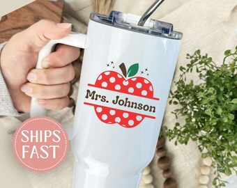 Personalized Apple Teacher 40oz Tumbler, Custom Teacher Name Cup with Handle, Teacher Appreciation Gift, Back to School, Thank You Teacher