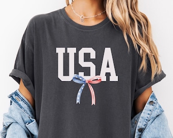 Chemise avec nœud USA, chemise 4 juillet, T-shirt patriotique Comfort Colors®, t-shirt Amérique, chemise fête de l'indépendance, t-shirt 4 juillet, chemise 1776
