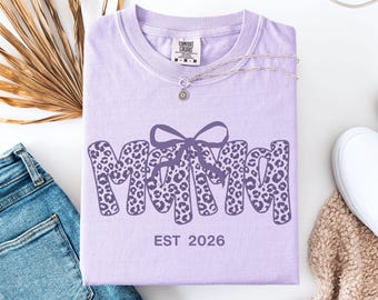 Custom Leopard Mama Est Shirt, Personalized Retro Mom Tee, Cute Mom Gift, Mothers Day Gift, Comfort Colors New Mom tshirt, Pregnancy Reveal