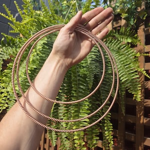 May include: Three copper-colored, twisted metal hoops are held in front of a backdrop of green ferns. The hoops are of varying sizes, with a textured, rope-like appearance. The warm tones of the metal contrast with the vibrant green foliage.