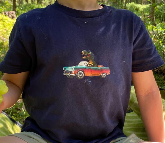 Funny T-Rex in a convertible, kids T-shirt, funny animal shirt, exciting gift for birthdays and other celebrations