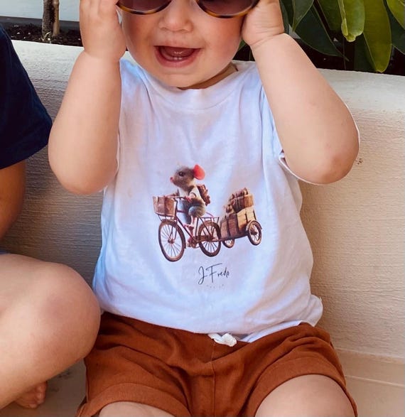 Cute Mouse on Bicycle Baby T-Shirt, Infant Gift, Animal Lover T-Shirt, Baby Shower Gift, Kids Fashion