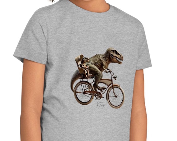 Children's T-shirt made of organic cotton, T-Rex on a bicycle with baby