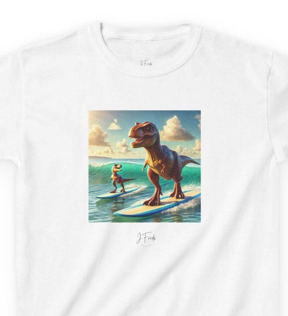 Surfing T-Rex with Baby, Kids T-Shirt, Funny Animal Shirt, Exciting Gift for Birthdays and Other Celebrations