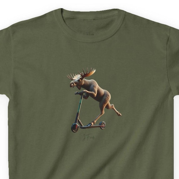 Funny moose on e-scooter, kids T-shirt, funny animal shirt, exciting gift for birthdays and other celebrations