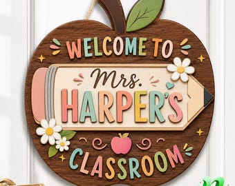 Personalized Apple Teacher Door Sign, Custom Teacher Name Sign, 3D Welcome Classroom Door Hanger, Back To School Teacher Gift