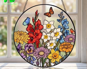 Personalized Birth Flower Suncatcher, Custom Family Birth Month Flowers, Stained Glass Window Hanging, Mom Grandma Garden Gift