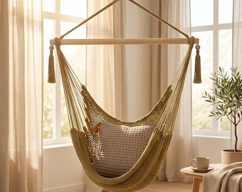 Hanging Hammock Chair Swing, Indoor Outdoor Rope Hammock Chair, Boho Patio Seat, Reading Chair, Porch & Garden Decor