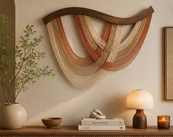 May include: A wall hanging featuring a curved dark wood frame with layered, draped cords in shades of cream, beige, and terracotta. The cords are arranged in overlapping, U-shaped patterns, creating a textured, flowing design that hangs horizontally.