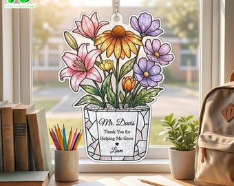 Personalized Teacher Birth Flower Suncatcher, Custom Mason Jar Window Hanging, Teacher Appreciation Gift, Floral Thank You Decor