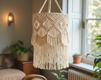 Boho Handmade Macrame Hanging Lamp Shade, Cotton Pendant Light, Bohemian Ceiling Lamp, Farmhouse & Minimalist Decor