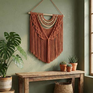 May include: A terracotta-colored macrame wall hanging with a wooden dowel and beaded accents. The handcrafted textile art piece is displayed against a muted green wall. The design features intricate knotting and a fringed bottom, adding a bohemian touch to home decor.