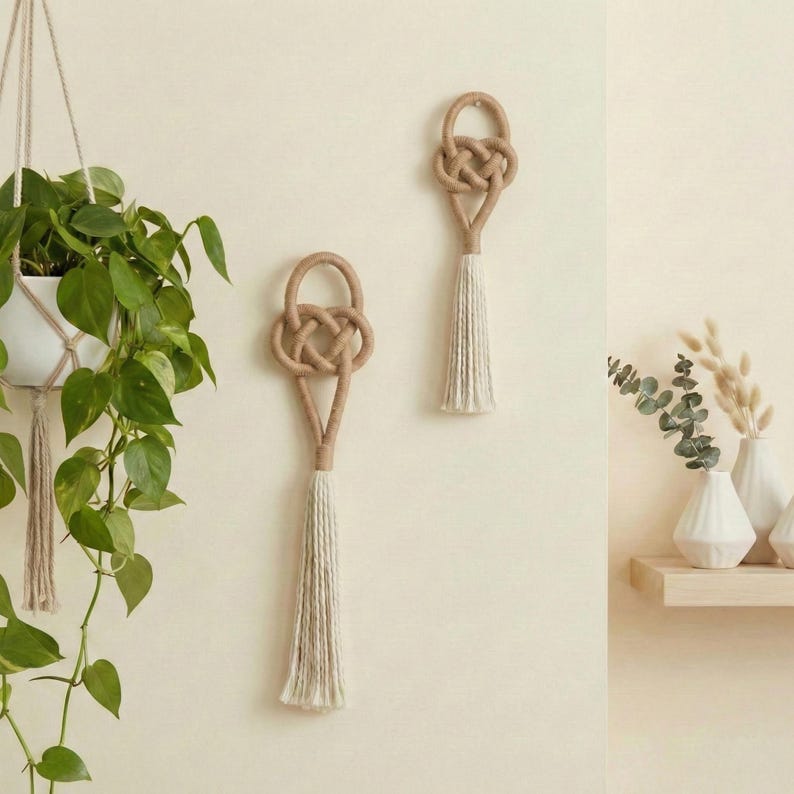 May include: Two macrame wall hangings with a knotted design and a long, cream-colored tassel. The hangings are made of natural-colored rope and are displayed against a neutral wall. A hanging plant and decorative vases are also visible.
