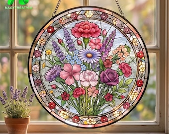 Personalized Birth Flower Suncatcher, Custom Family Birth Month Flowers, Stained Glass Window Hanging, Grandma Mom Gift, Home Decor