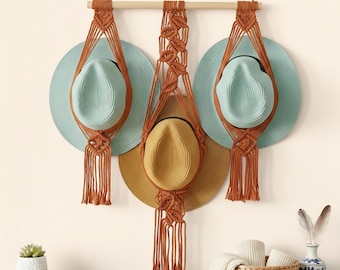 Macrame Hat Holder Wall Hanging | Boho Farmhouse Hat Organizer | Cap Rack Display for Wall | Mom Birthday Gift for Her