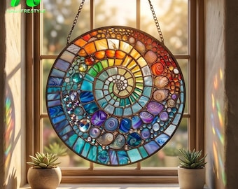 Rainbow Spiral Stained Glass Suncatcher, Colorful Shell Window Hanging, Coastal Beach Decor, Crystal Sun Catcher, Gift for Her