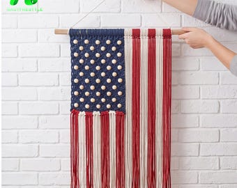 American Flag Macrame Wall Hanging, Patriotic Boho Wall Decor, Handmade USA Flag Tapestry, Rustic Farmhouse Wall Art
