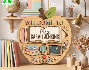 Personalized Teacher Door Sign, Custom Teacher Name Sign, Apple Classroom Decor, Wooden Classroom Door Hanger, Teacher Gift