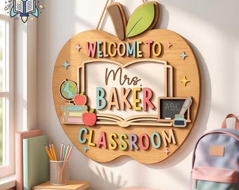 Personalized Teacher Door Sign, Custom Classroom Door Hanger, Apple Teacher Name Sign, Wooden Classroom Decor, Teacher Gift