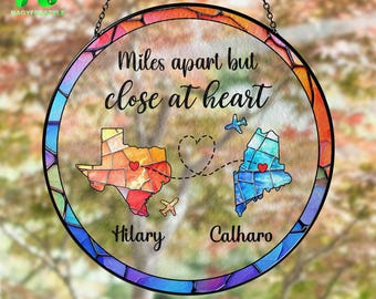 Personalized Long Distance Suncatcher: State to State Stained Glass, Friendship or Family Gift