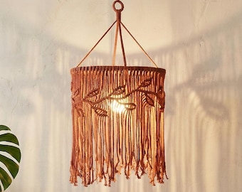 Macrame Pendant Lamp Shade, Boho Lamp Hanging, Farmhouse Chandelier, Handmade Macrame Lantern, Boho Home Decor