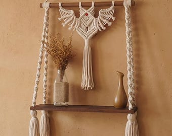 Bat Macrame Shelf Wall Hanging | Gothic Plant Hanger Decor | Spooky Halloween Bat Wall Art | Witchy Goth Home Decor